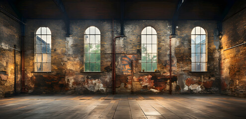 Abandoned industrial interior with large windows, weathered walls, and reflections on the floor. - obrazy, fototapety, plakaty