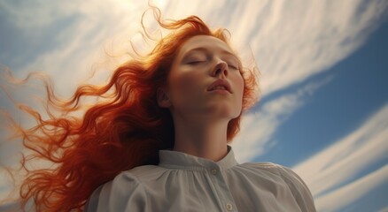 A woman with red hair is looking up at the sky. Generative AI. - Powered by Adobe