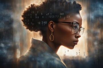 Molher negra, jovem , de óculos, analisando tela com gráficos e números, - obrazy, fototapety, plakaty