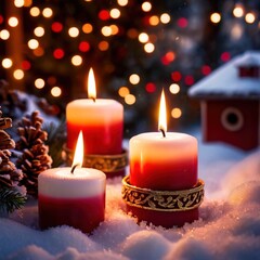 Obraz na płótnie Canvas Christmas candles burning outdoors in the snow, traditional seasonal cultural festivities
