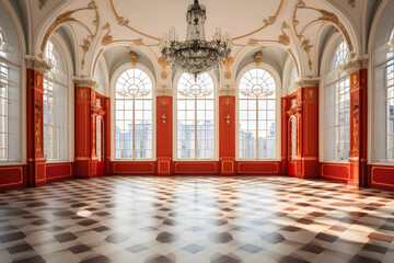 Fototapeta na wymiar Elegant baroque style interior with ornate chandeliers, red walls, and large windows casting sunlight on polished wooden floor.
