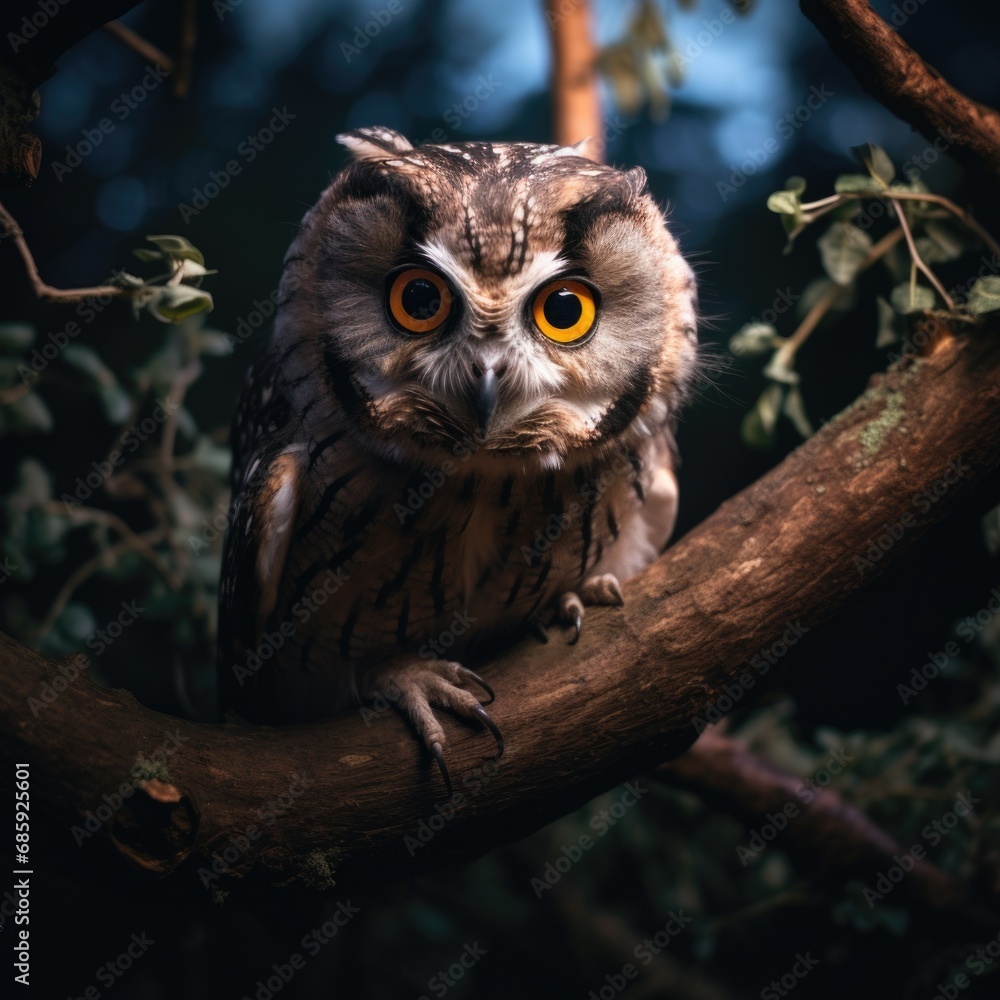 Poster an owl is sitting on a tree branch. generative ai.