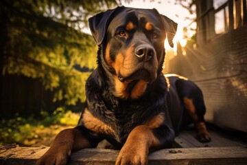 A black and brown rottweiler dog laying on top of a wooden bench. Generative AI.