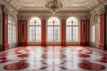 Fotobehang Elegant baroque interior with ornate ceiling, red and white patterned floor, and large windows. © AdibaZR