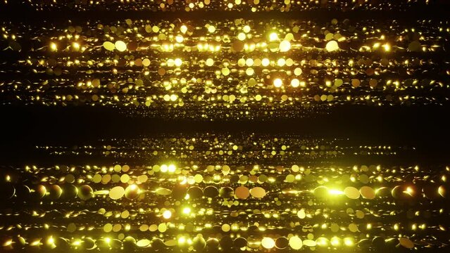 Golden spherical particles awards overlay loop background 3d render. The luxurious gold particles keep moving forward, the golden dots flickering, perfect for awards, weddings, movies and openers