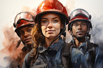 Global Fire Service: Diverse Heroes in Watercolor. Non-existent person.