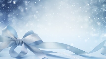 A serene blue background with delicate snowflakes and a glistening silver ribbon, ideal for winter-themed promotions and elegant gift wrapping.
