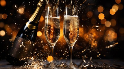 Toasting champagne glasses with dynamic splash, perfect for lively celebration themes, parties, and special occasion marketing, new years gift cards