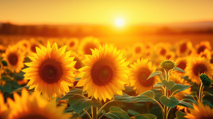 Obraz premium Wide field of sunflowers in summer sunset, panorama blur background. Autumn or summer sunflowers background. Shallow depth of field.