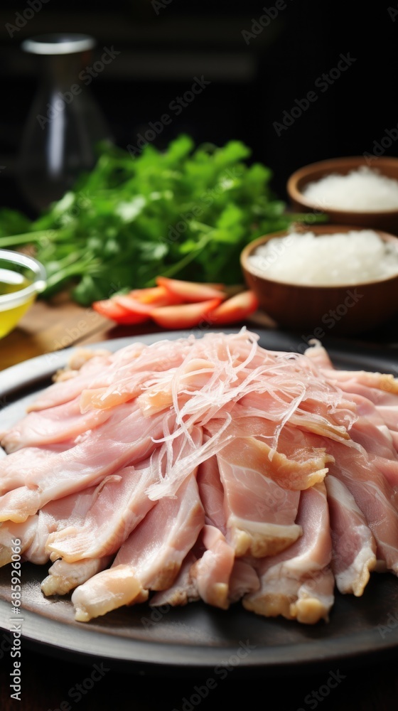 Poster a plate of sliced ham on a table. generative ai.