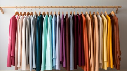 Colorful clothes hanging on a rack in a room. Generative AI.