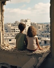 Fototapeta na wymiar Two children sitting on the window sill of a destroyed building. Generative AI.