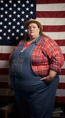 A large woman in overalls and a hat standing in front of an American flag. Generative AI.