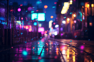 Fototapeta premium Neon lights flashing scene in night market, night street abstract bokeh background