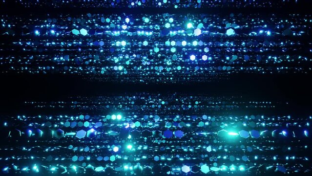 Blue hexagonal particles awards overlay loop background 3d render. The luxurious blue particles keep moving forward, the golden dots flickering, perfect for awards, weddings, movies and openers