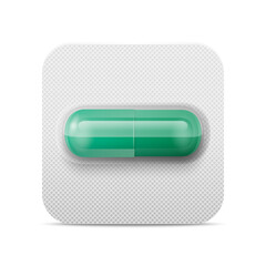 Vector Realistic Pharmaceutical Medical Green Pill, Vitamins, Capsule in Blister Closeup Isolated. Pill in Blister Packaging Design Template. Front View. Medicine, Health Concept