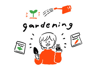 
ガーデニングを楽しむ女性　gardening の見出しイラスト
