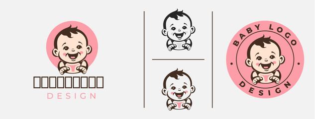 Cute Baby Smile Logo Template, Cute baby Happy face outline vector logo design, cheerful joyful kid logo.
