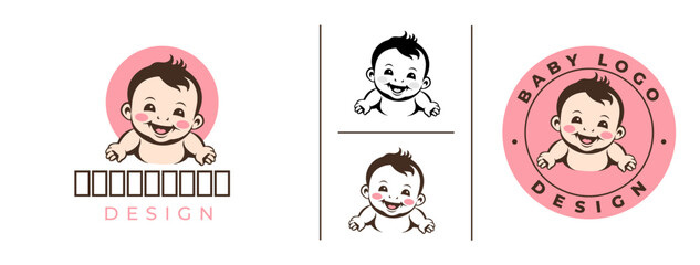 Cute Baby Smile Logo Template, Cute baby Happy face outline vector logo design, cheerful joyful kid logo.