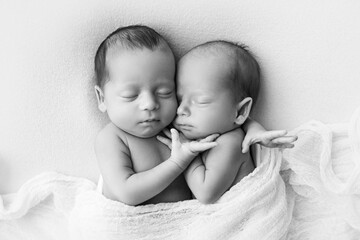 Tiny newborn twins boys in white cocoons on a white background. A newborn twin sleeps next to his...