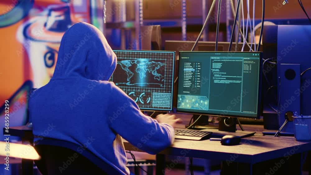 Poster hooded spy in underground hideout trying to steal valuable data by targeting governmental websites w