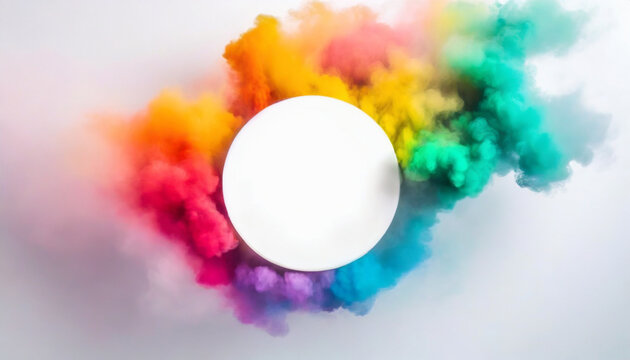 Thick rainbow smoke floating around the white circle plate