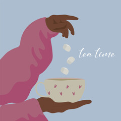 Hands with cup of tasty tea and sugar on color background