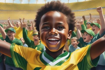 menino negro, com camisa verde e amarela, torcendo por seu clube de futebol (gerado com ia)