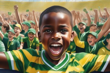 menino negro, com camisa verde e amarela, torcendo por seu clube de futebol (gerado com ia) - obrazy, fototapety, plakaty