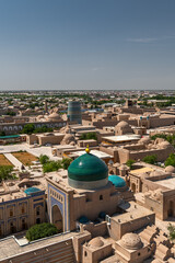 Historical buildings of Khiva, Uzbekistan from above, mausoleum Pahlavan Mahmoud