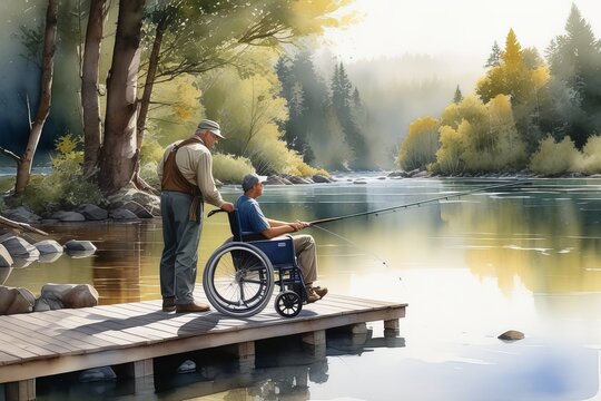 Dois homens, um em cadeira de roas,  às margens de um lago fazendo uma pescaria. (gerado com ia)