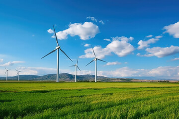 Blue windmill field generation nature sky electricity energy environment technology green wind landscape