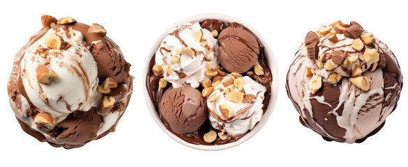 Rocky Road Chocolate Ice Cream Scoops on Transparent Background