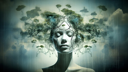 Fantasy drawing of a woman with a tree growing out of her head, representing Gaia the earth spirit