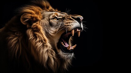 Naklejka premium 黒背景の牙を見せるライオン