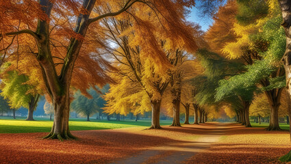autumn trees in the park,
Trees in beautiful autumn with walkways,
A tree with orange leaves in a park with the word " in the middle ,
Vibrant foliage in the park in the fall,