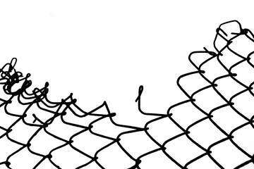 black silhouette of Steel mesh fence with torn hall in it. damage wire mesh over white background. Mesh netting with hole, gap isolated on white backdrop. illustration.
