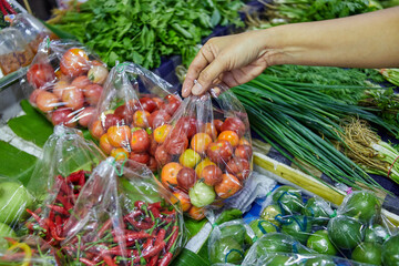 Cropped hand of woman buying vegetable at market stall