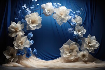 Maternity backdrop, wedding backdrop, photography background, maternity props, Light hoop weaved cobalt blue and tan flowers, elegant wall background, flowing white satin drape, giant flowers