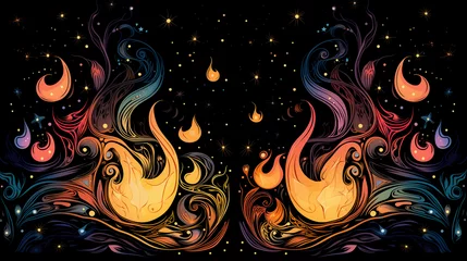 Fotobehang Les flammes jumelles, deux polarités et univers qui s'attirent, dessin silhouettes d'un amour prédestiné © Leopoldine
