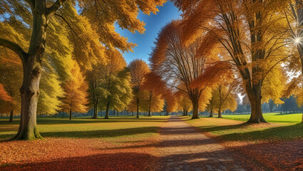 autumn in the park,
A forest with the sun shining on it,
Autumn trees HD 8K wallpaper Stock,
Autumn road covered with fallen leaves,
The sun shines through the trees in an autumn park