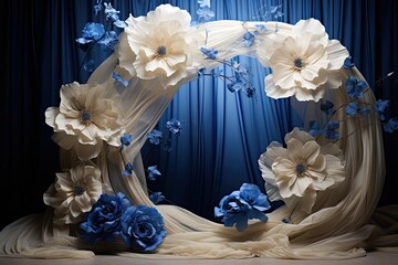 Maternity backdrop, wedding backdrop, photography background, maternity props, Light hoop weaved cobalt blue and tan flowers, elegant wall background, flowing white satin drape, giant flowers
