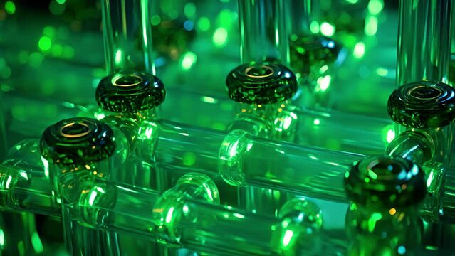 Closeup of a network of interconnected pipes and valves, ilrating the intricate design of a macro uranium enrichment cascade.