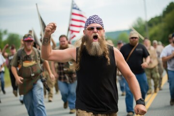 Serious white male activist protesting outdoors with group of demonstrators in the background.