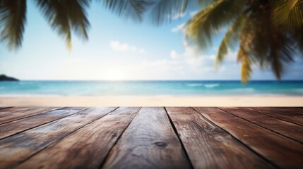 Dark wood floor top on blur tropical beach background, Advertisement, Print media, Illustration, Banner, for website, copy space, for word, template, presentation.