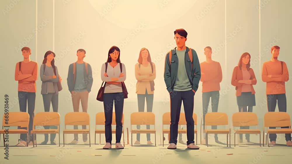 Poster minimal flat motion of a person feeling disappointed after attending a class reunion and realizing t