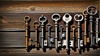 old keys on a wall,
Old keys on a pale wooden backdrop,
Antique skeleton key unlocks ornate door success generated by AI,