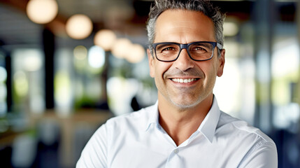 Obraz premium happy smiling mature businessman on office background. legal AI