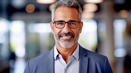 Obraz premium happy smiling mature businessman on office background. legal AI