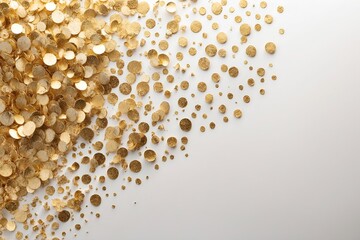 Abstract scattered shiny gold glitter on white-grey background